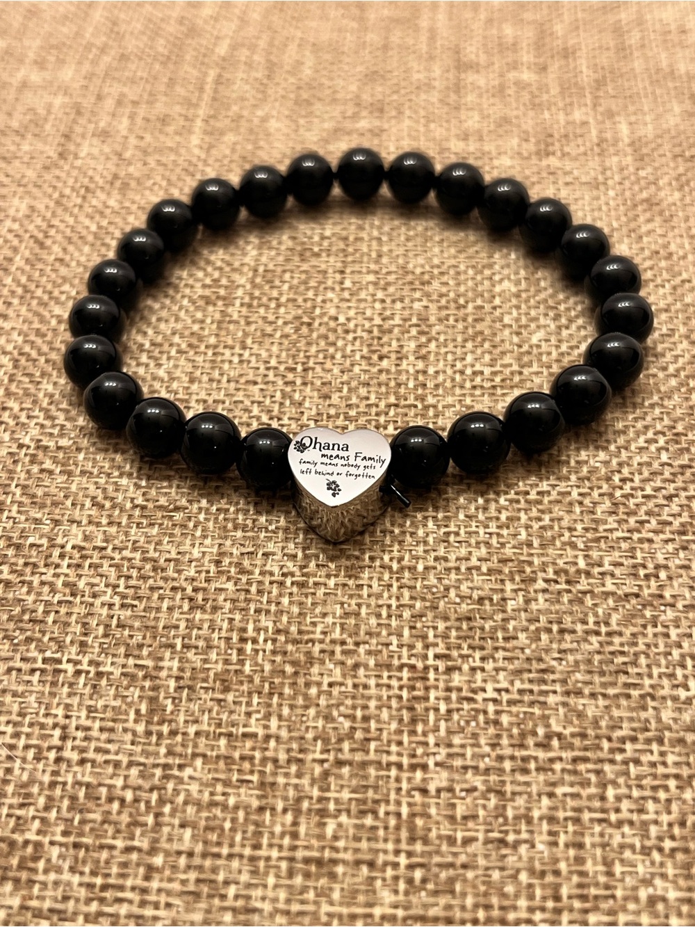 OHANA Means Family Charm Black Onyx Beaded Men’s Bracelet with Silver Heart